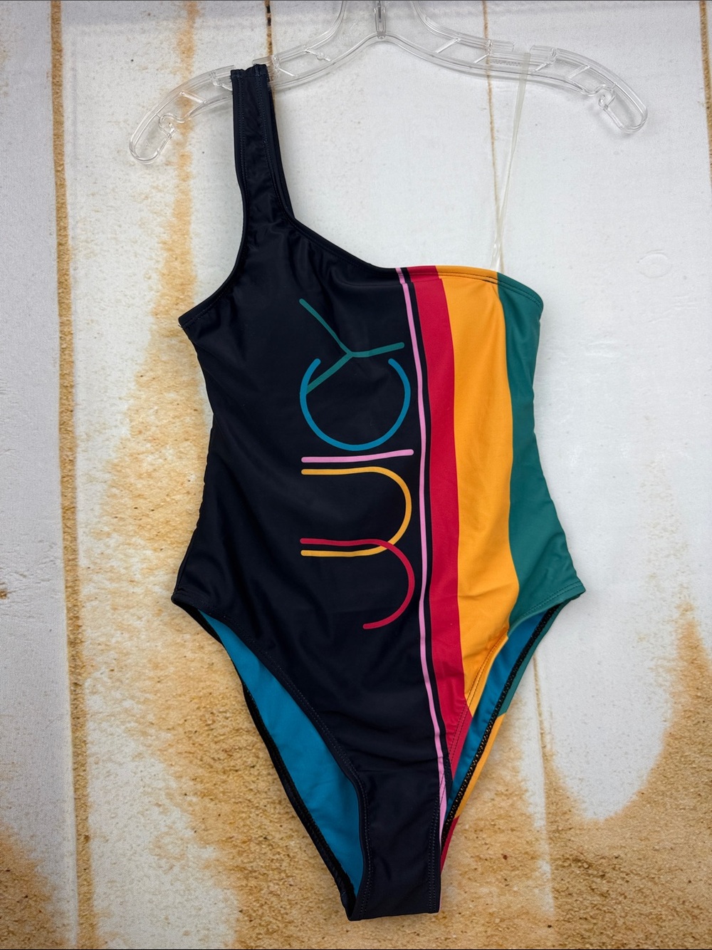Juice Couture NWOT One-Shoulder Women’s Swimsuit in Black with Colorblock Stripe